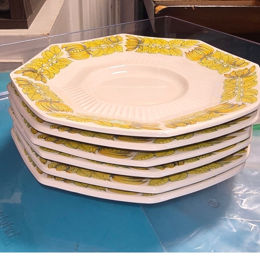Vintage Independence Ironstone‎ Interpace yellow bouquet saucer set of 6 ea 6"